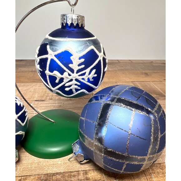 Set Of 3 Blue Glass Christmas Ornaments With Snowflake & Plaid Designs - Picture 2 of 4